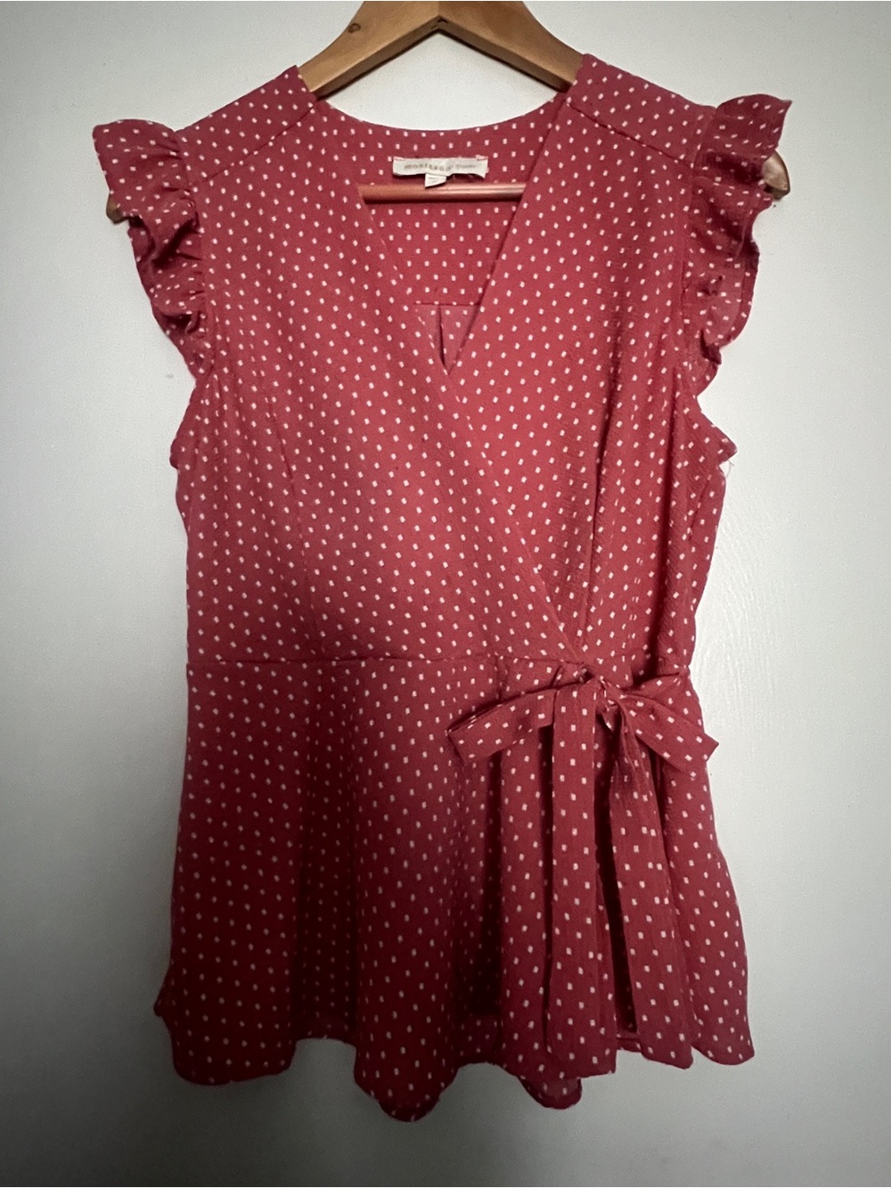 Monteau Dusty Rose Polka Dot Tie-Front Blouse